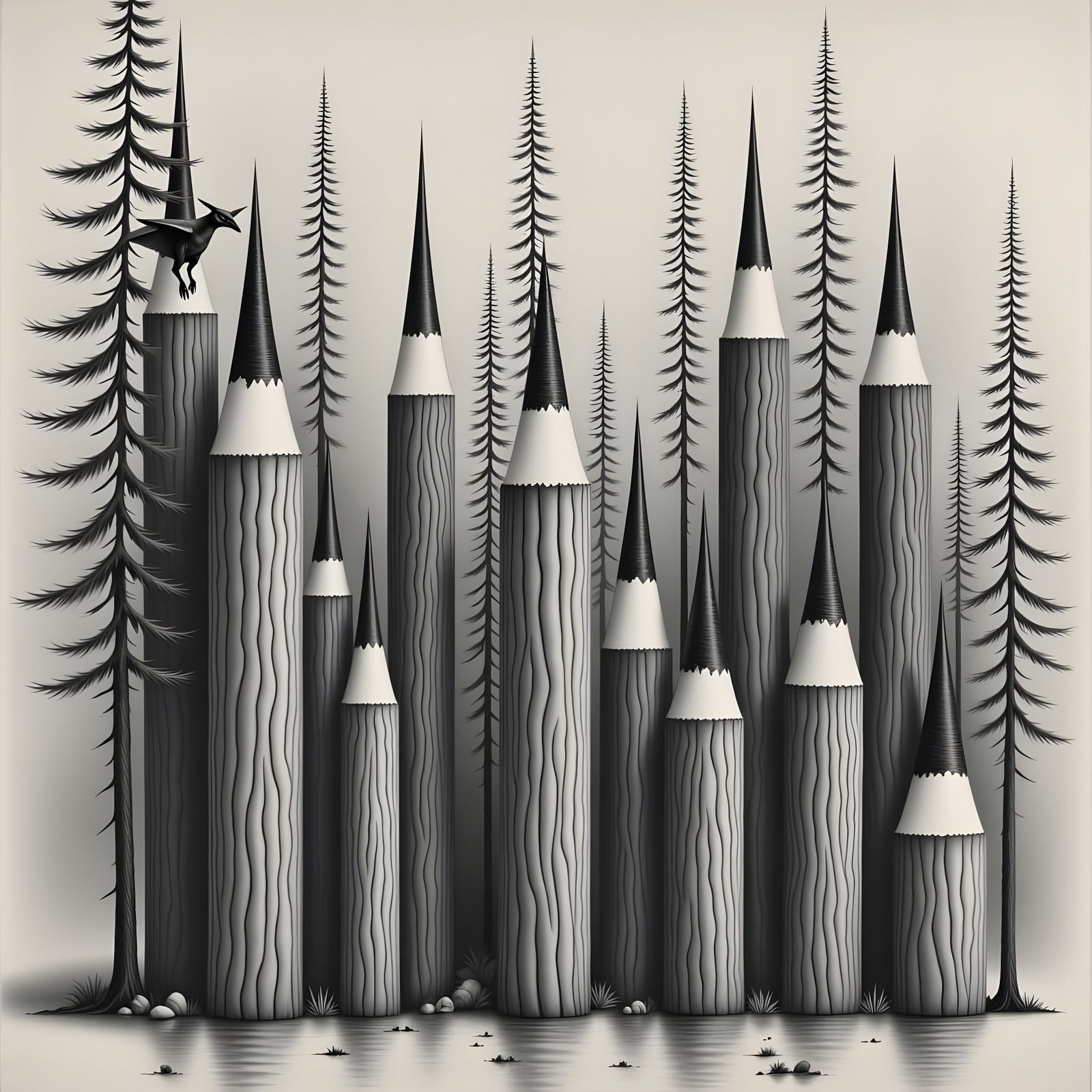 Pterodactyl in Fantasy Forest: Charcoal and Colored Pencil