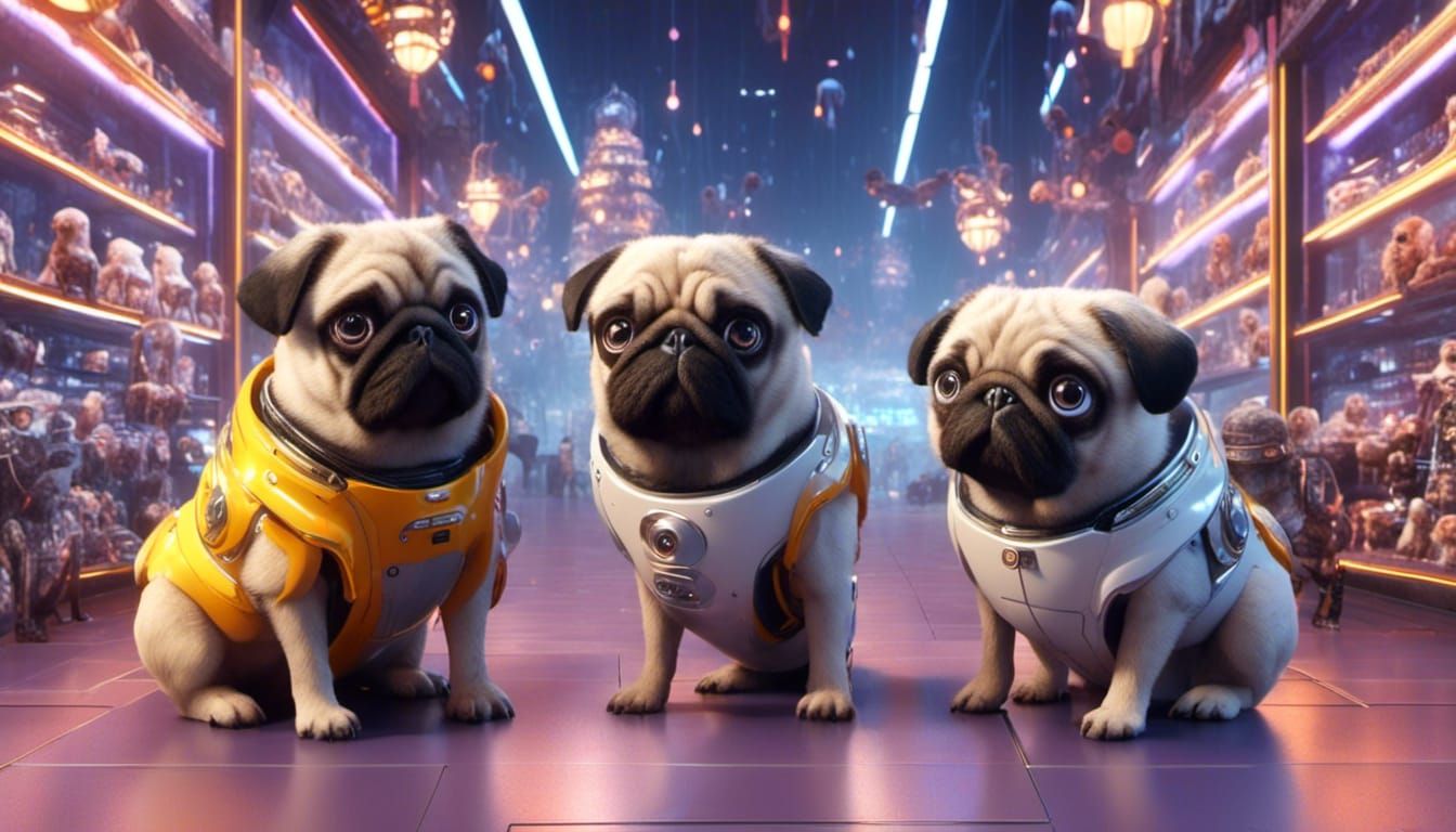 Cyberpunk Pet Store with Pugs in Cybercity