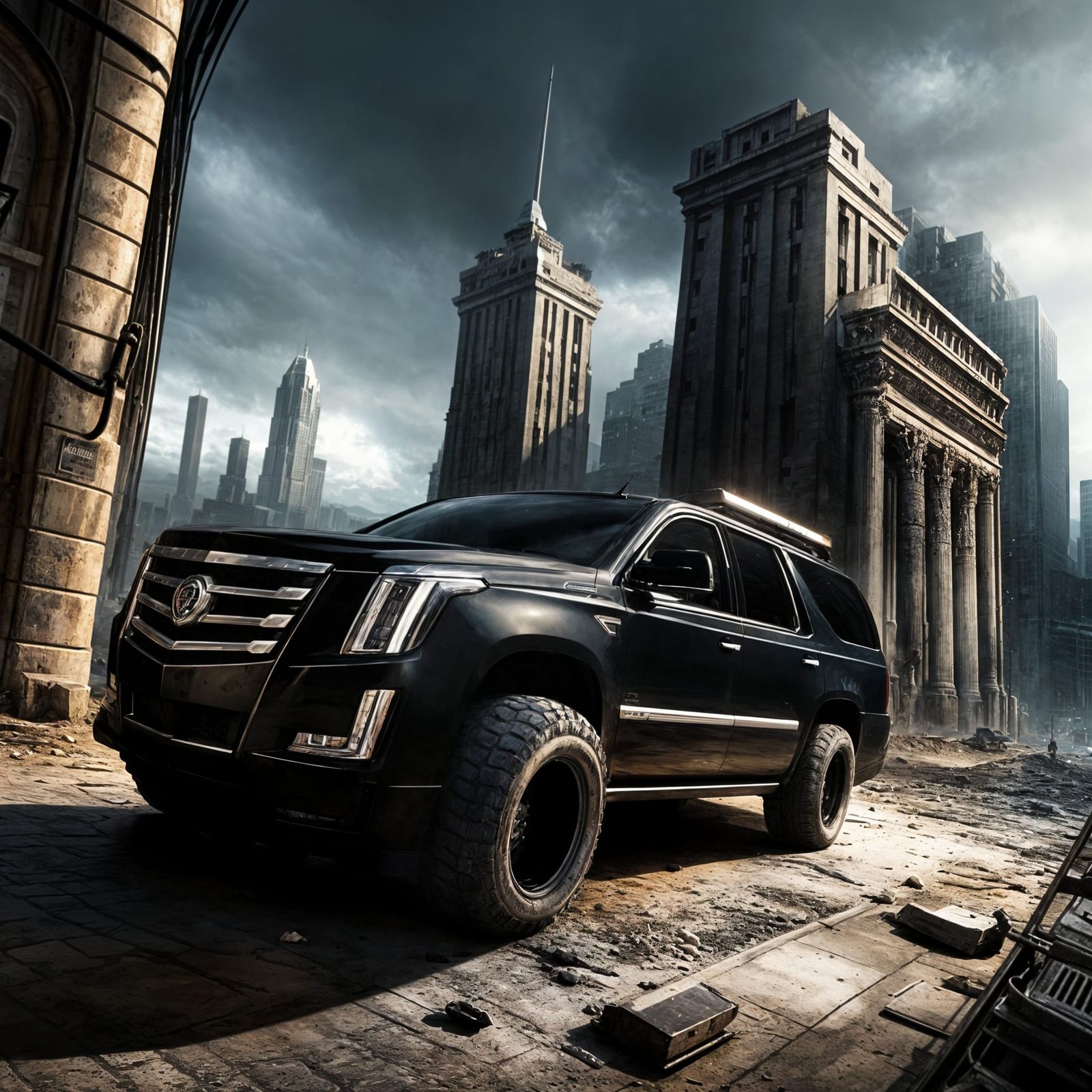 Armored Cadillac Escalade in Post-Apocalyptic Cityscape