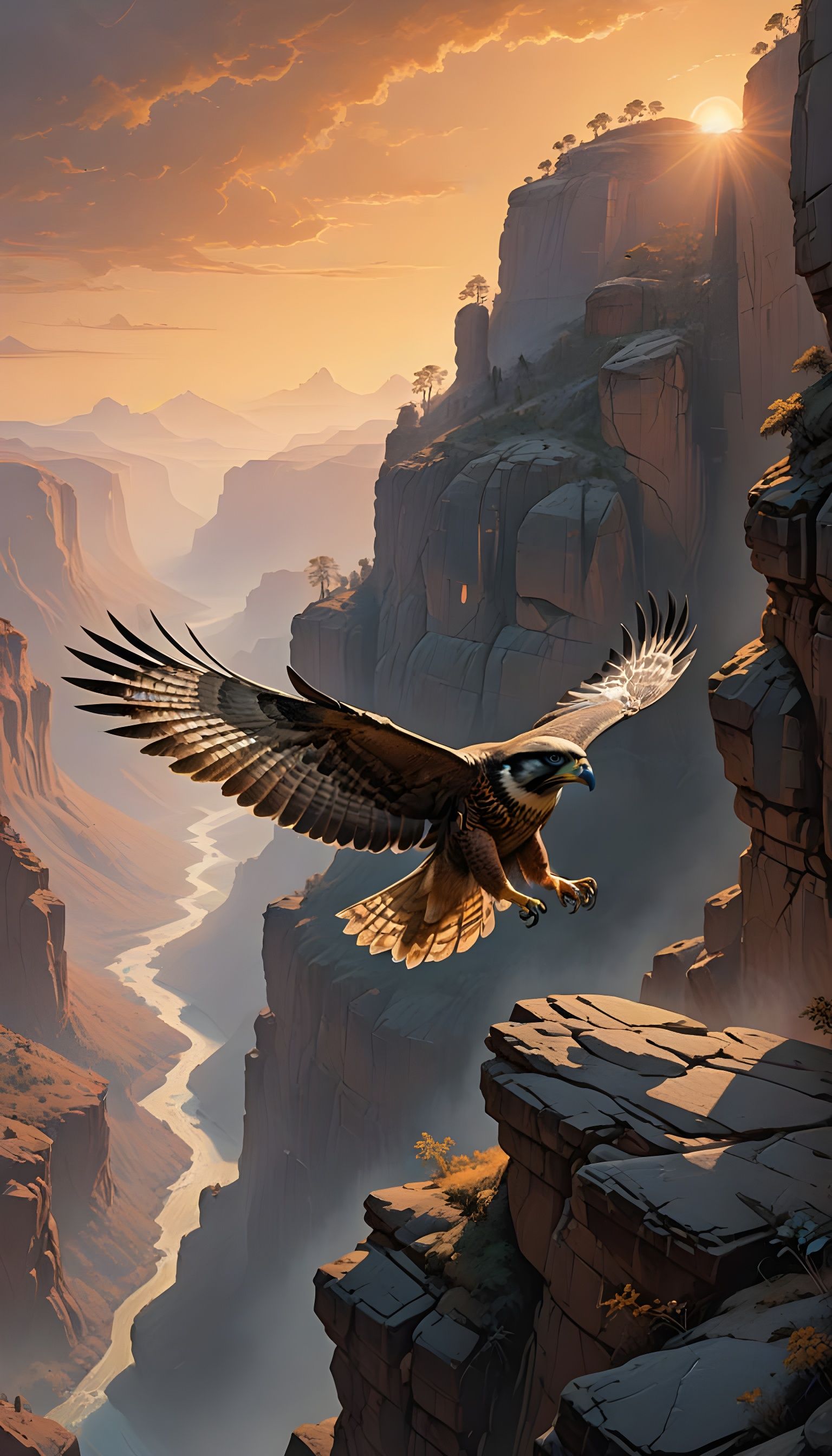 Regal Falcon Soars Above Dawn-Lit Canyon