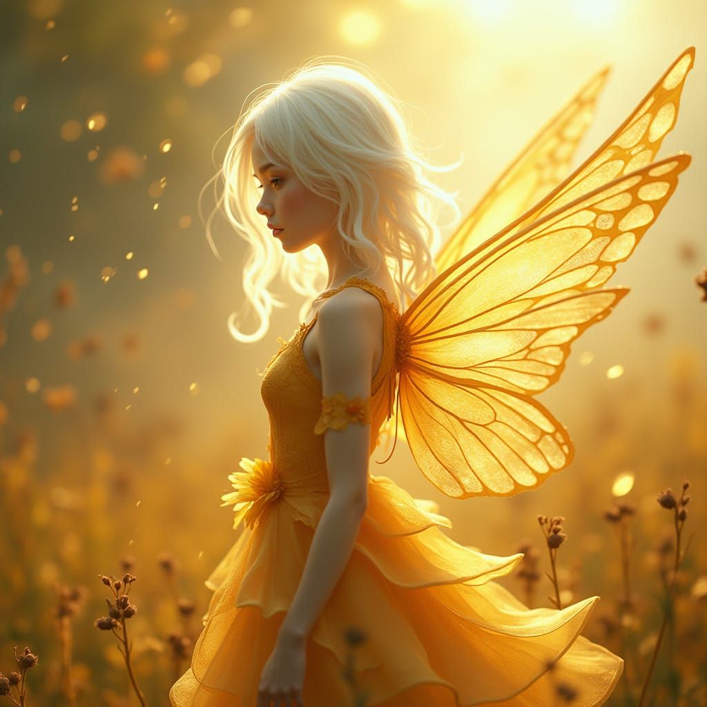 Whimsical Fairy in Sunflower-Inspired Gown, Captured in Cine...