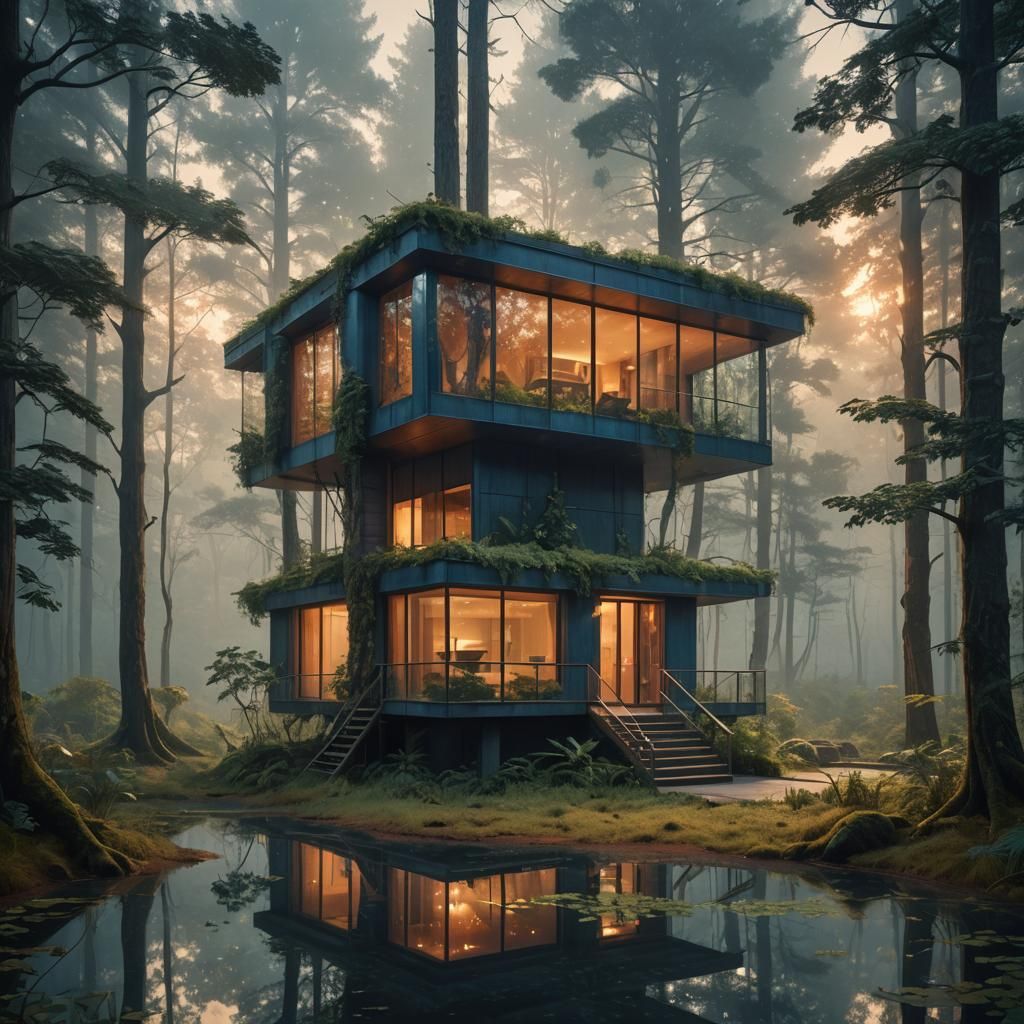 Cabin Retreat in Misty Forest: Hyper-Realistic Matte Paintin...