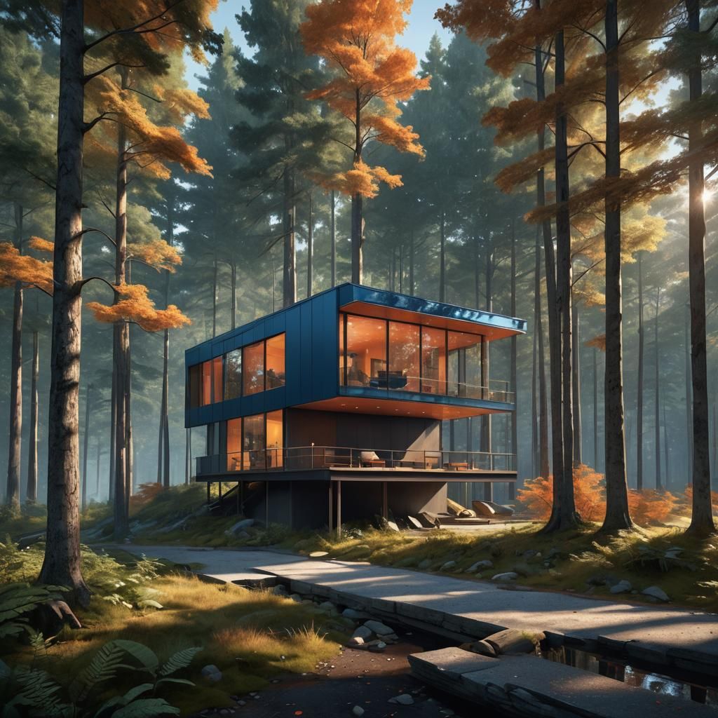 Modern Cabin in Forest: Hyper-Realistic Concept Art