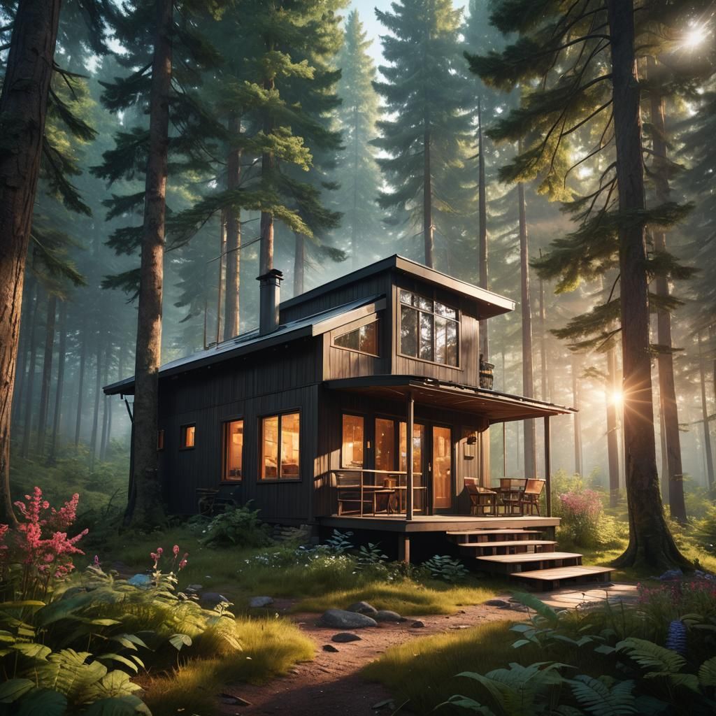 Serene Forest Cabin in Hyperrealistic Style