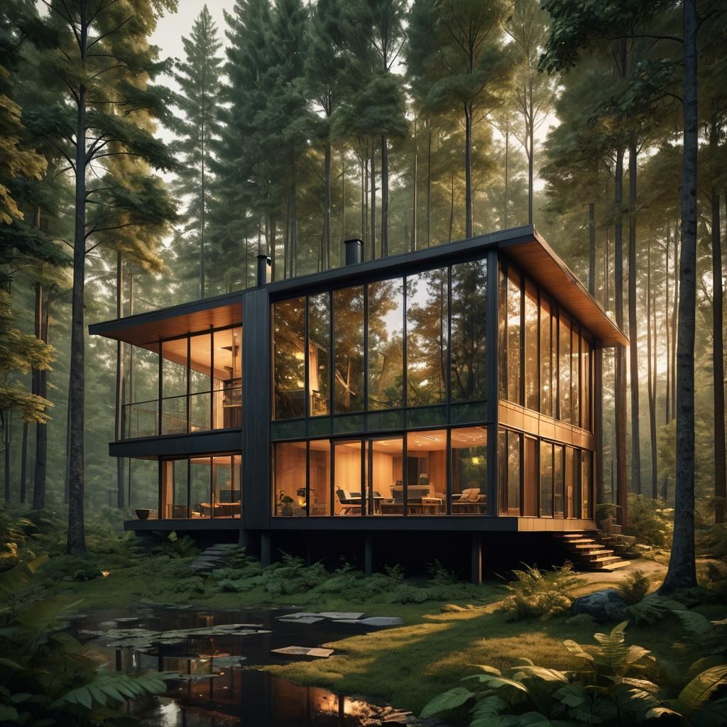 Postmodern Cabin in Lush Forest at Dusk
