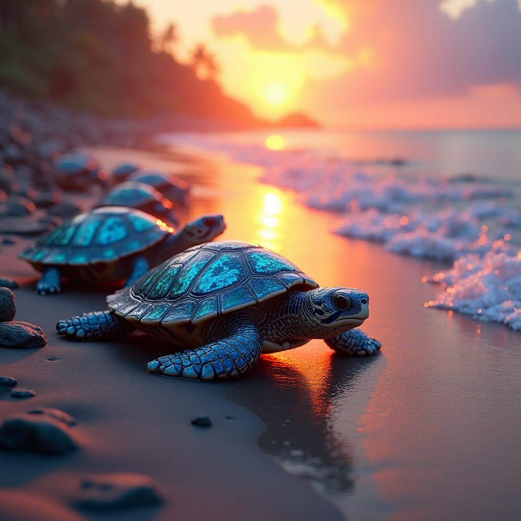 Sunset Beach Turtles in a Dreamlike Fantasy World