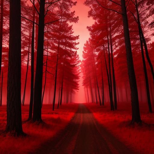 Red Forest Under Red Sky in Translucent Light