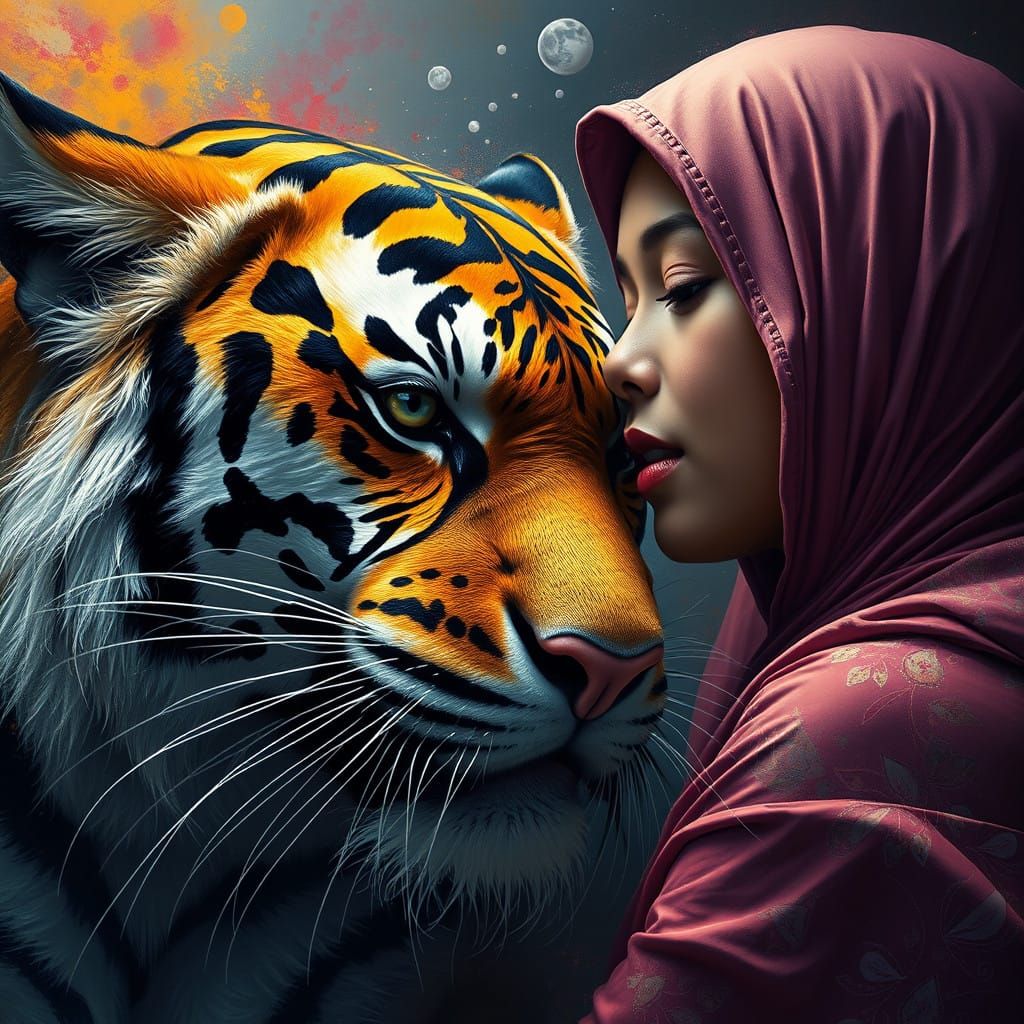 Intimate Hyperrealistic Portrait of a Woman and Tiger