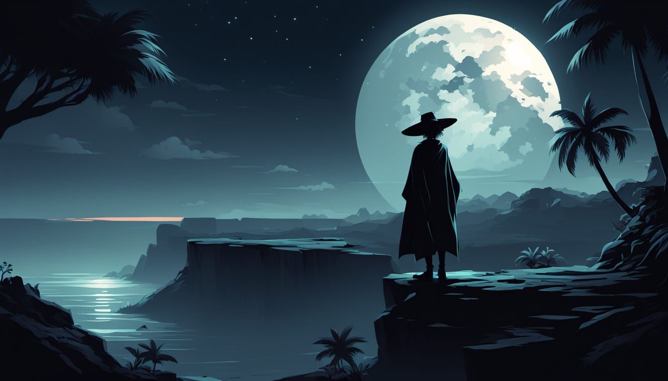 Tropical Silhouette Under Moonlight: Cel-Shaded Digital Pain...