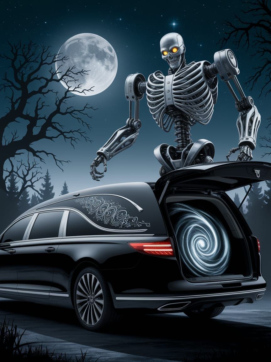 Hearse Transforms into Skeletal Robot in Dark Forest