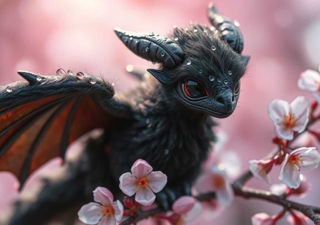 Fluffy Black Wooly Dragon on Cherry Branch