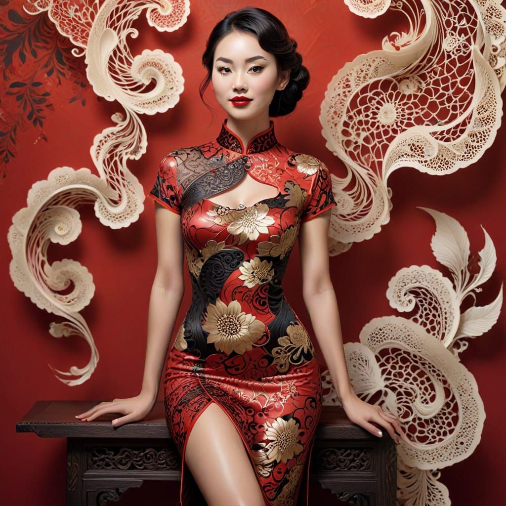 Stunning Chinese Woman in Qipao Dress, Gil Elvgren Style