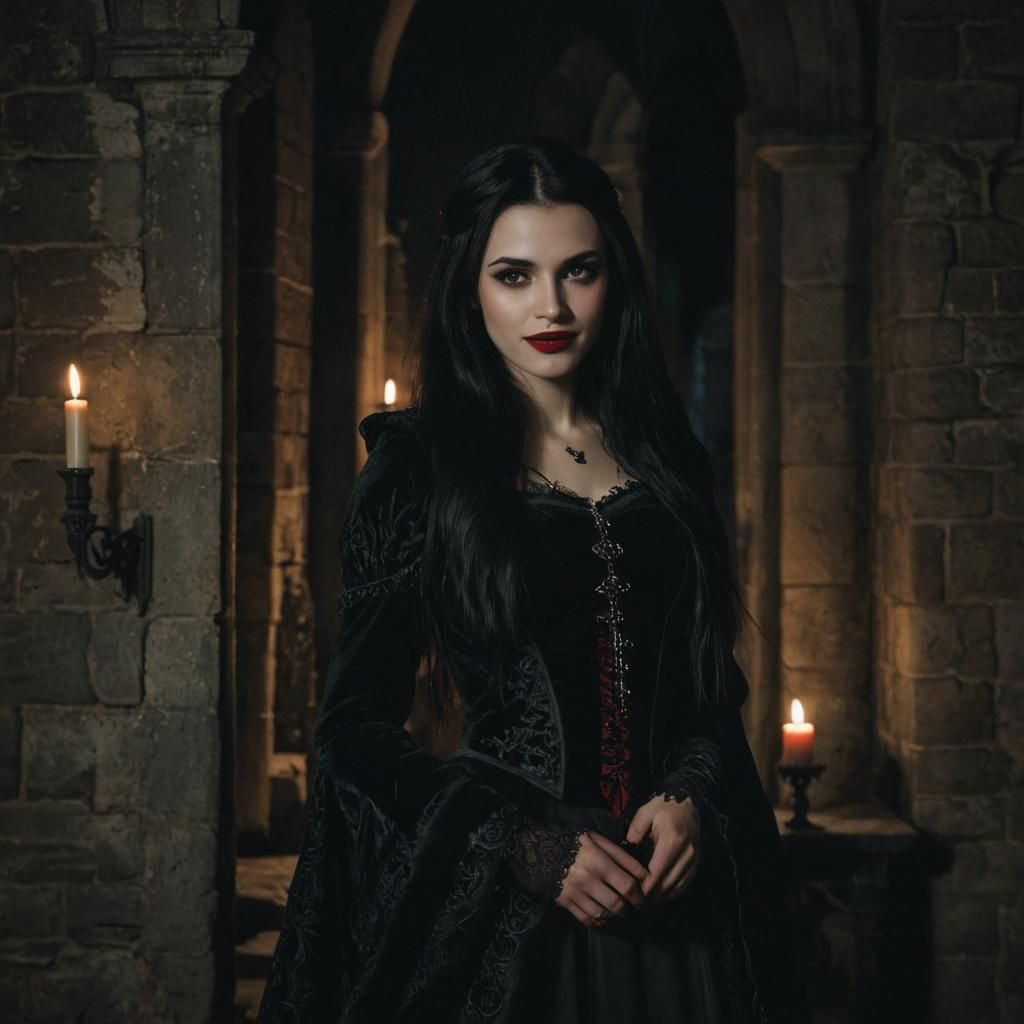 Vampire Girl Smiles in Gothic Castle