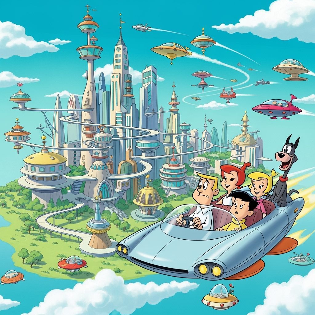 The Jetsons Family Soars Over Retro-Future Cityscape