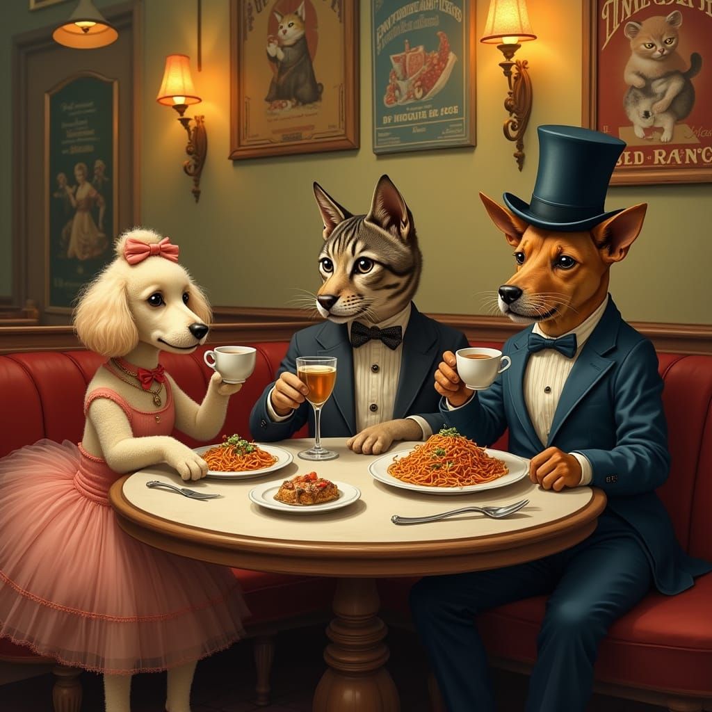Whimsical Italian Bistro Scene with Elegant Pets