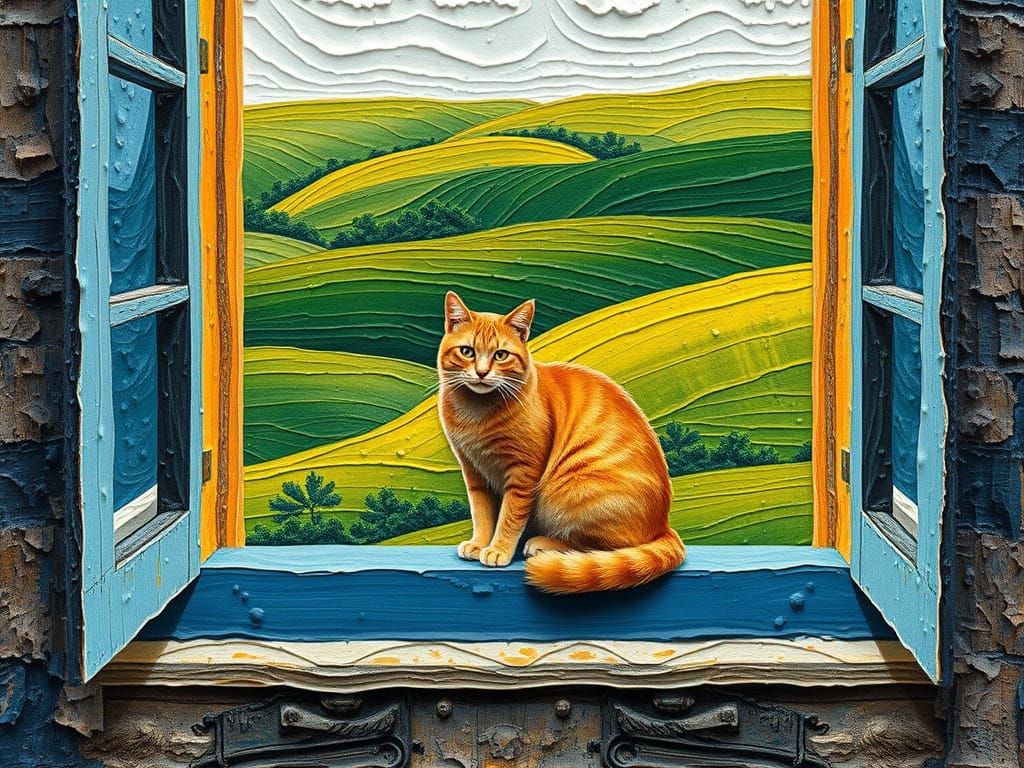 Textured Collage Art of Ginger Cat in Serene Landscape