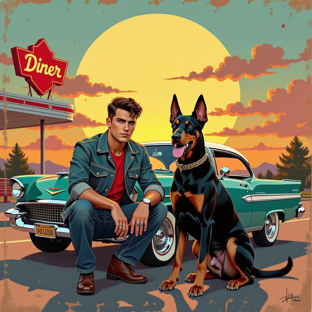 1950s Greaser, Doberman, and Hot Rod Collage