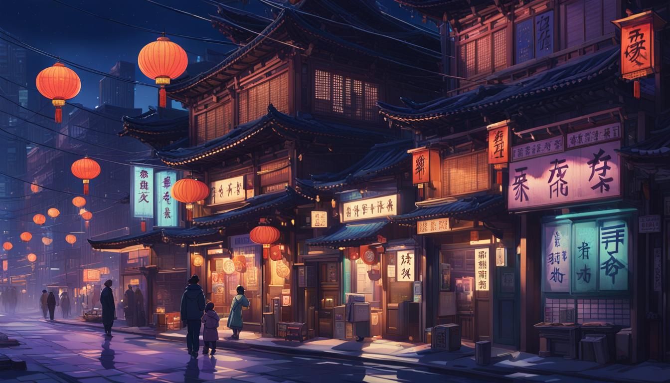 Chinatown Street at Night in Anime Style
