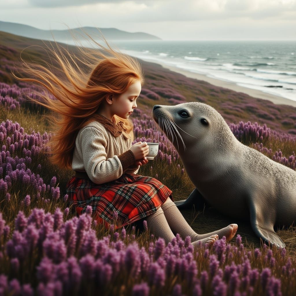 Girl's Tea Party with Seal in Scottish Highlands