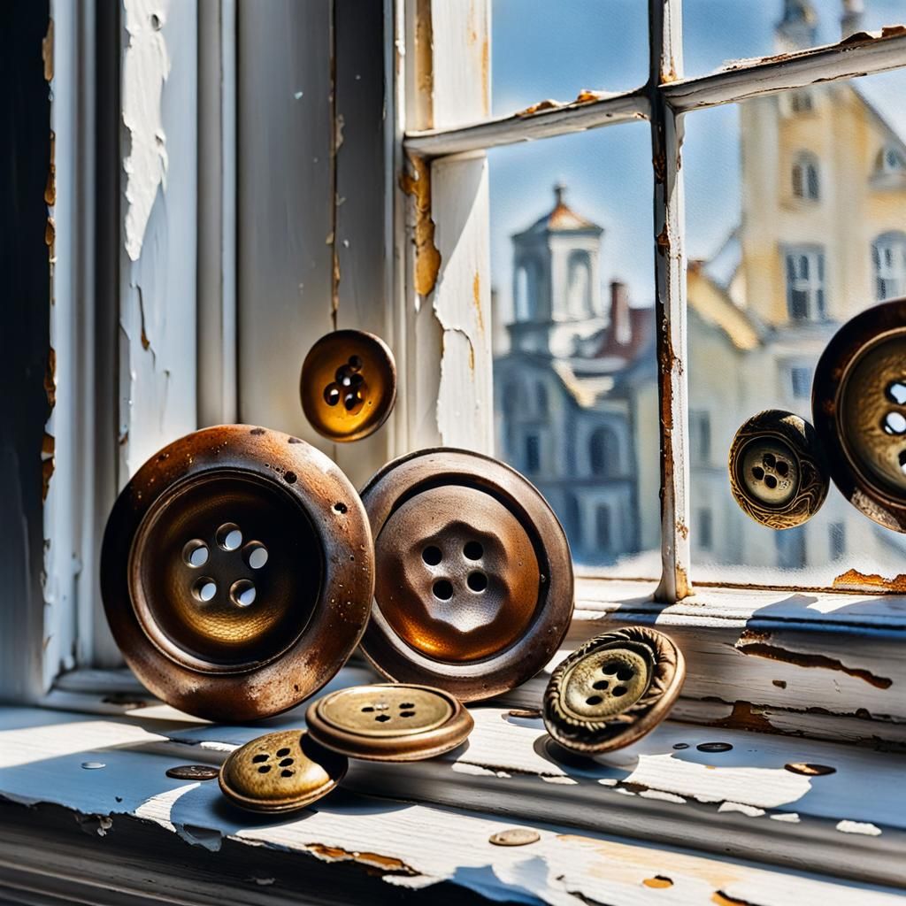 Antique Metal Buttons on Windowsill as Oil Painting