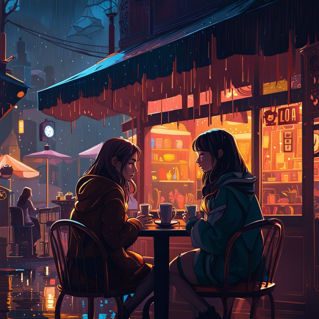 Cozy Lofi Cafe Scene in Splash Art Style