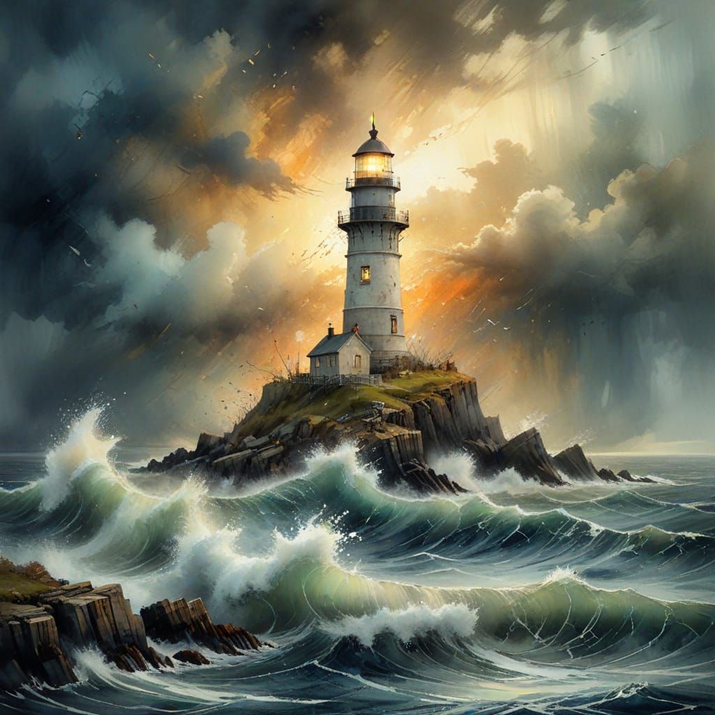 Stormy Coastal Scene in Whimsical Watercolors at Golden Hour