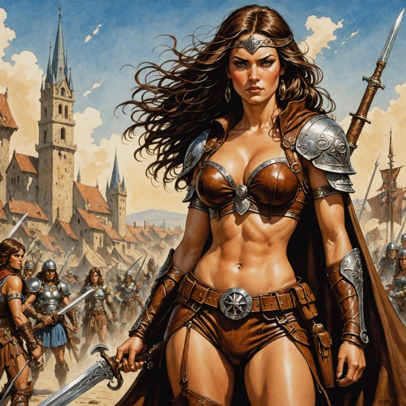 Ethereal Warrior Priestess in Brown Leather Armor