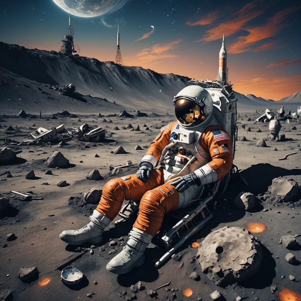 Astronaut Contemplates Earth by Crashed Rocket, Digital Art