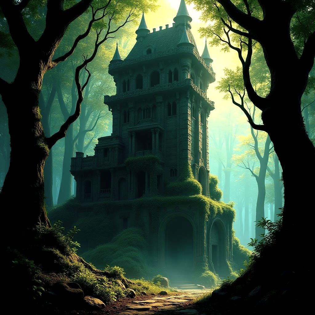 Fantastical Tower in Forest: Detailed Matte Painting