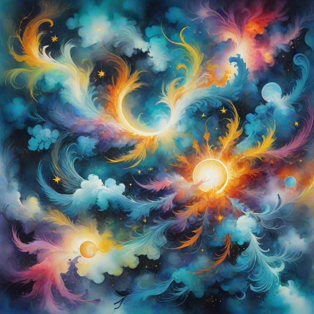 Ethereal Celestial Transformation in Vibrant Abstract Art