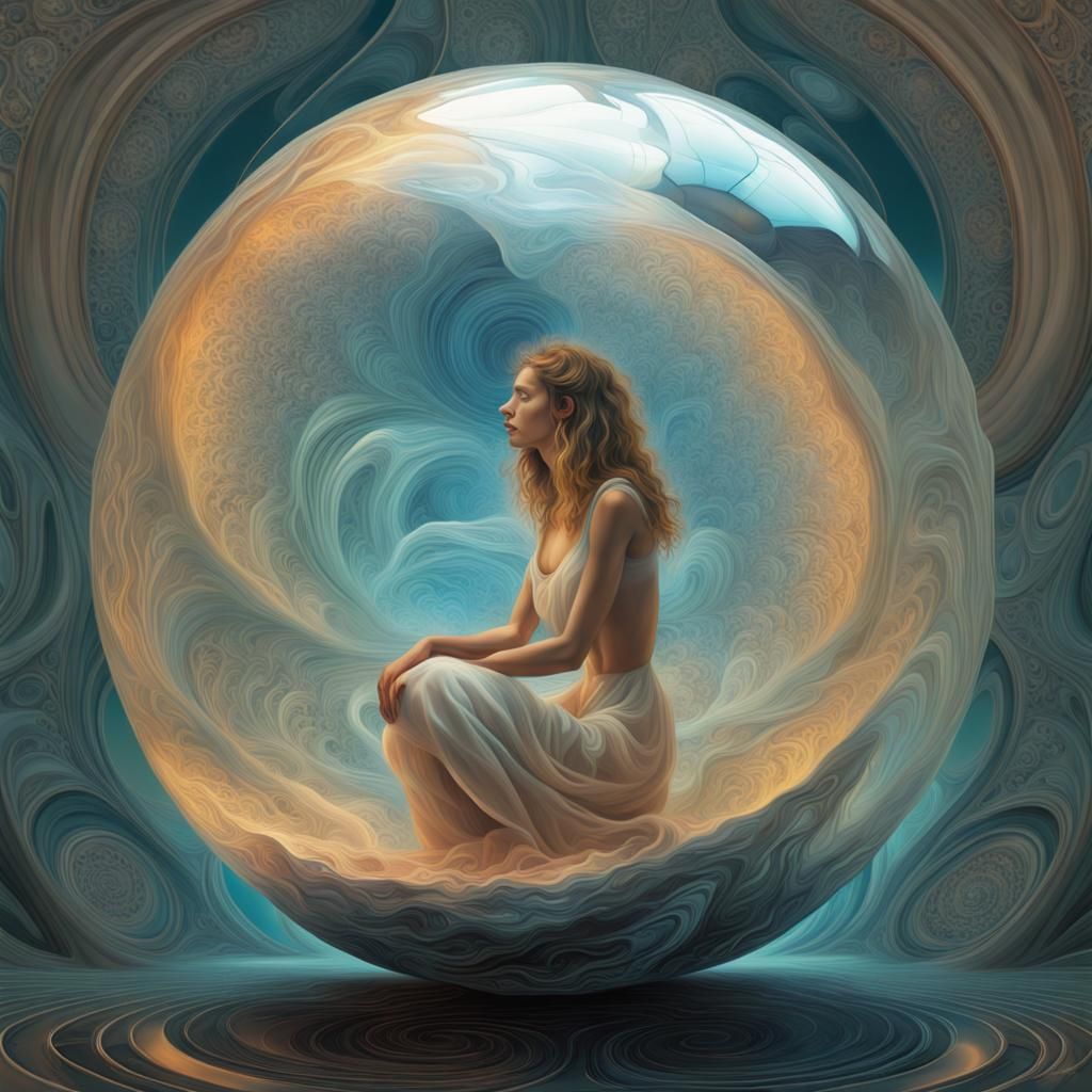 Girl in Sphere Travels Space: Surreal Abstract Art