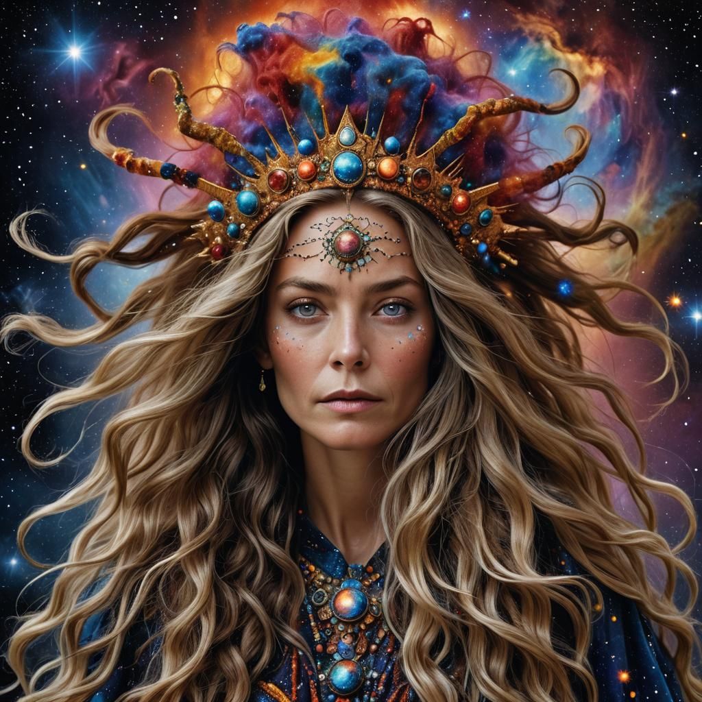 Nebula-Haired Cosmic Queen Portrait in Sharp Focus