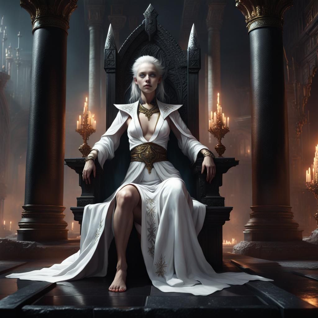 Albino Priestess on Throne in Fantasy Art Style
