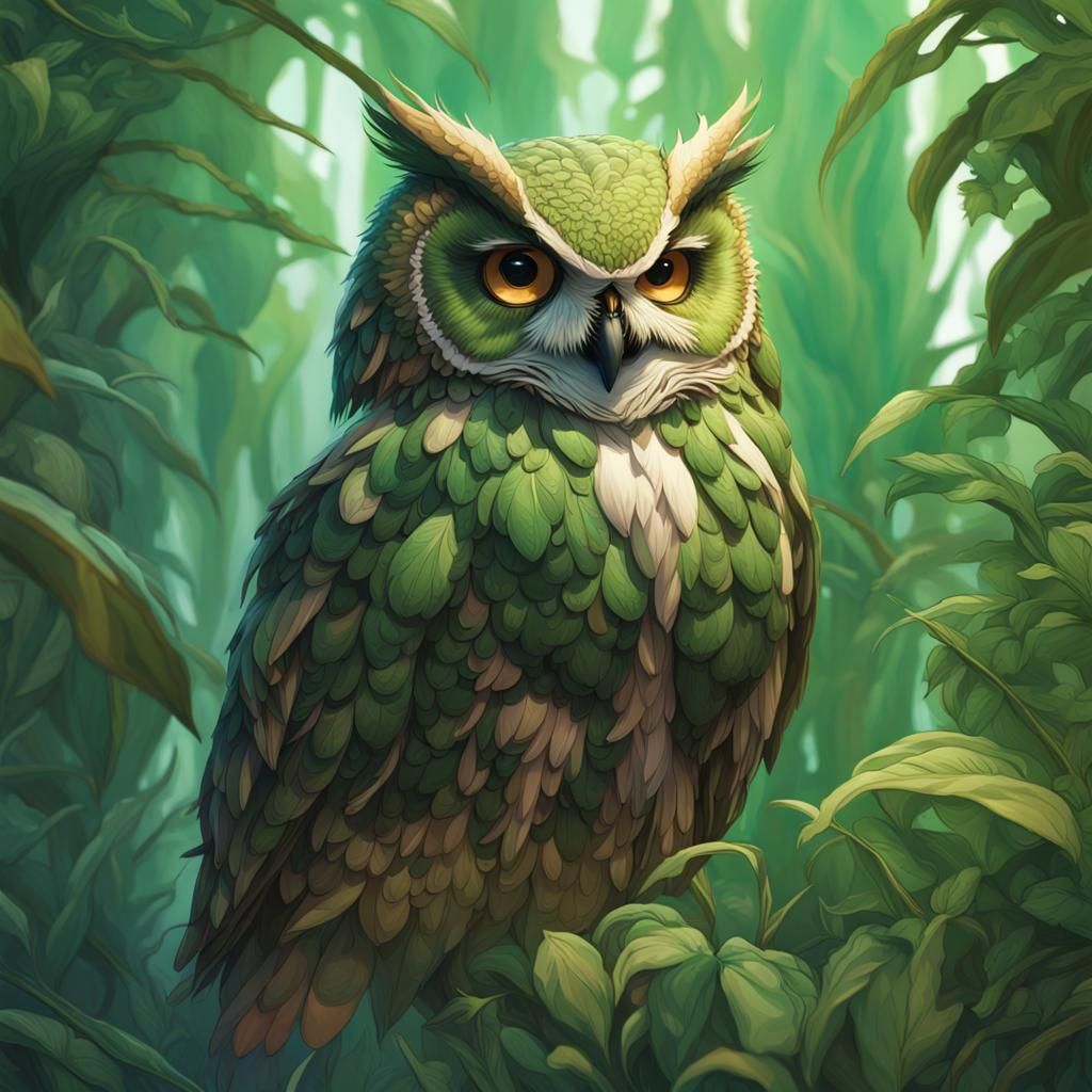 Botanical Owl Portrait in Hyperdetailed Style