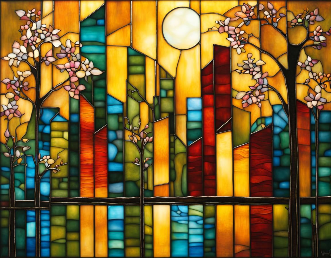 Stained Glass Aureolin Cityscape Reflection