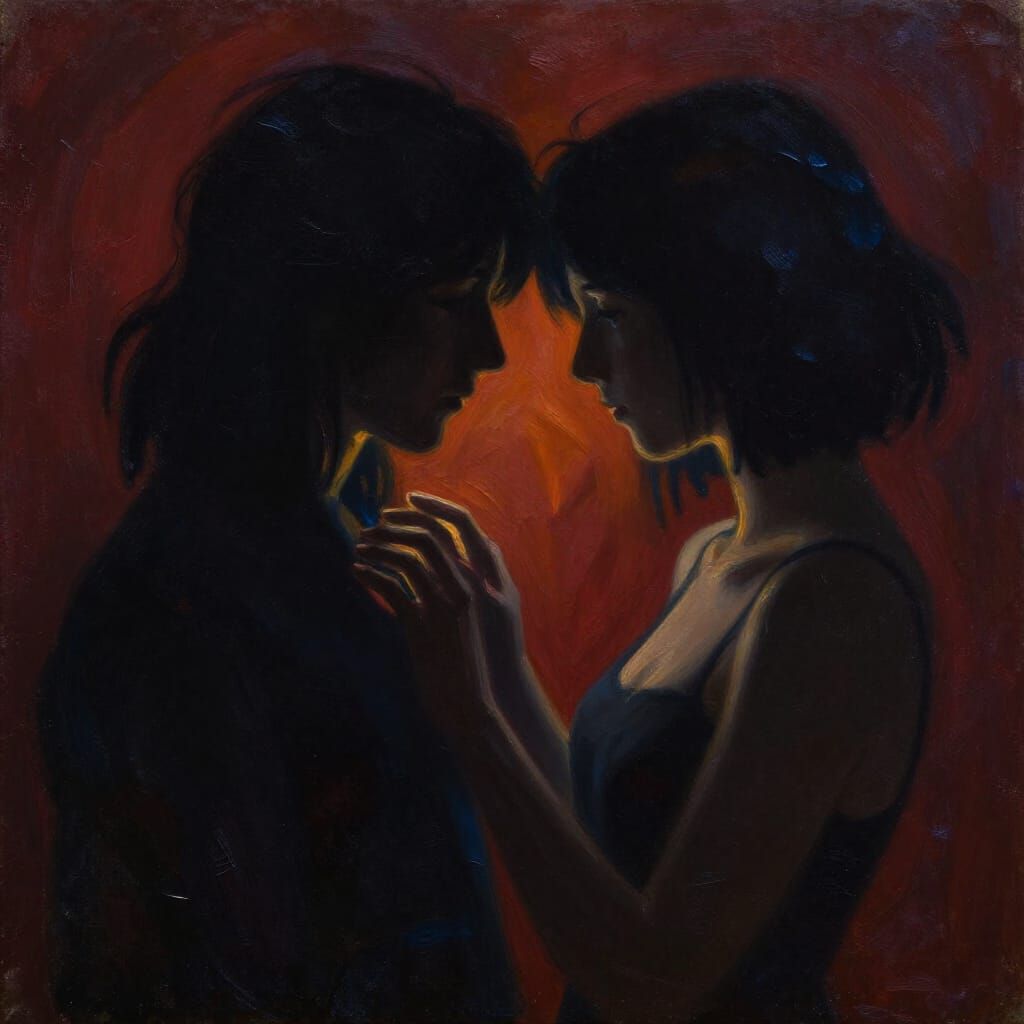Silhouetted Lovers in Dramatic Oil Painting Style