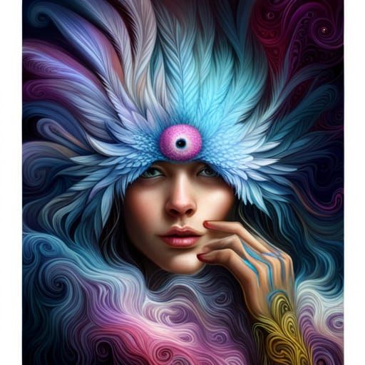 Cute Blue Bird with Fractal Flowers in Pixel Art