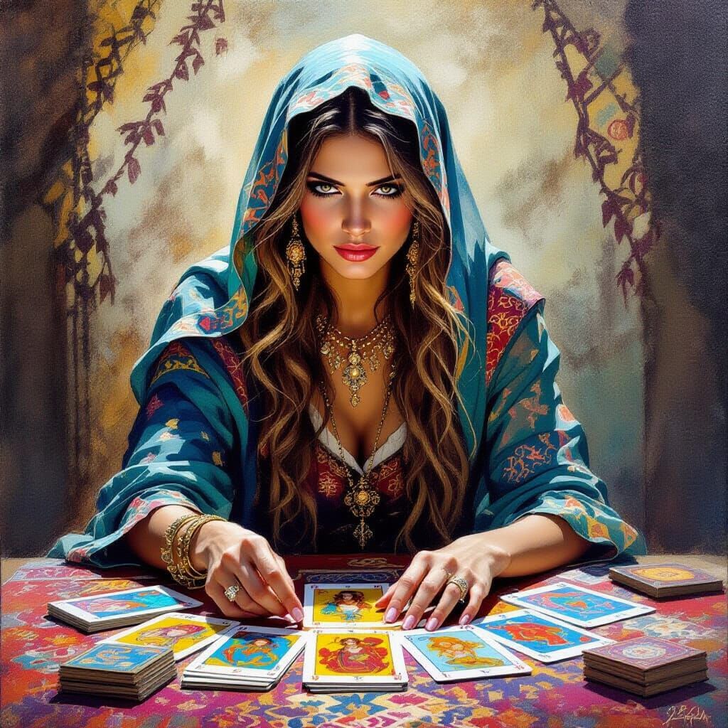 Fantasy Oil Painting of Gypsy Reading Tarot