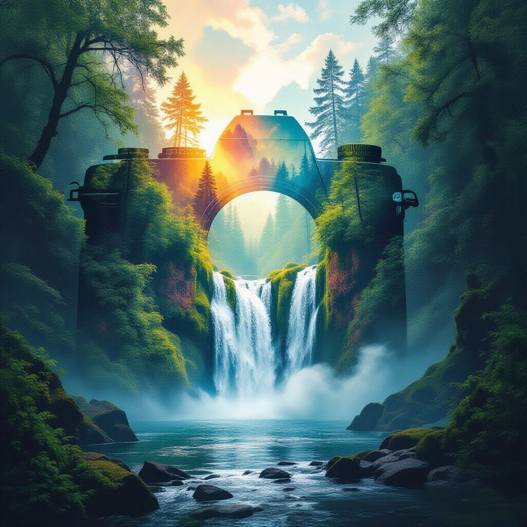 Surreal Double Exposure: Waterfall Forest in Camera Shape