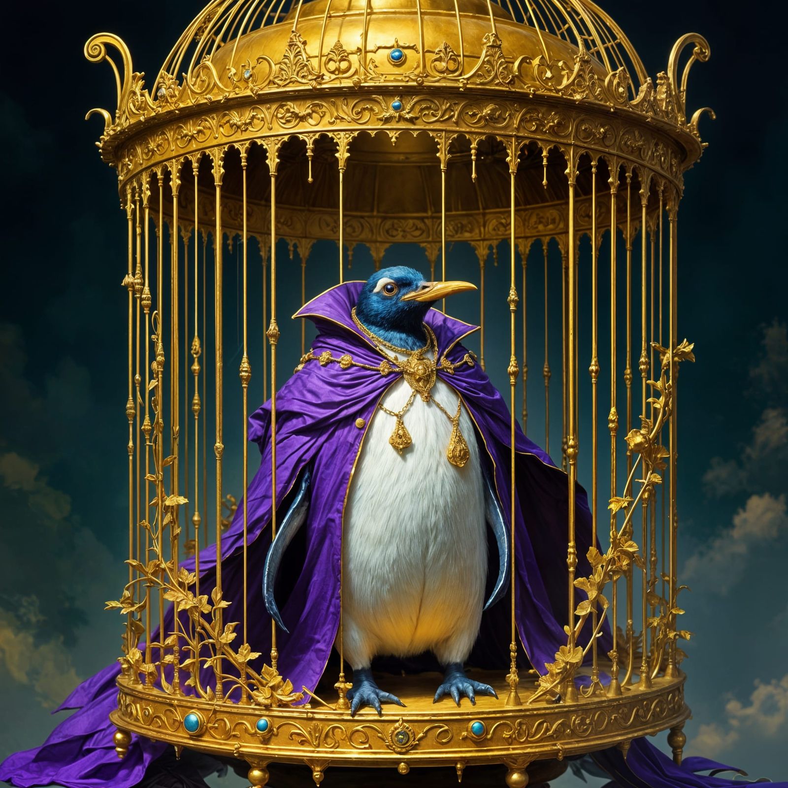Majestic Emperor Bird in Ornate Golden Cage