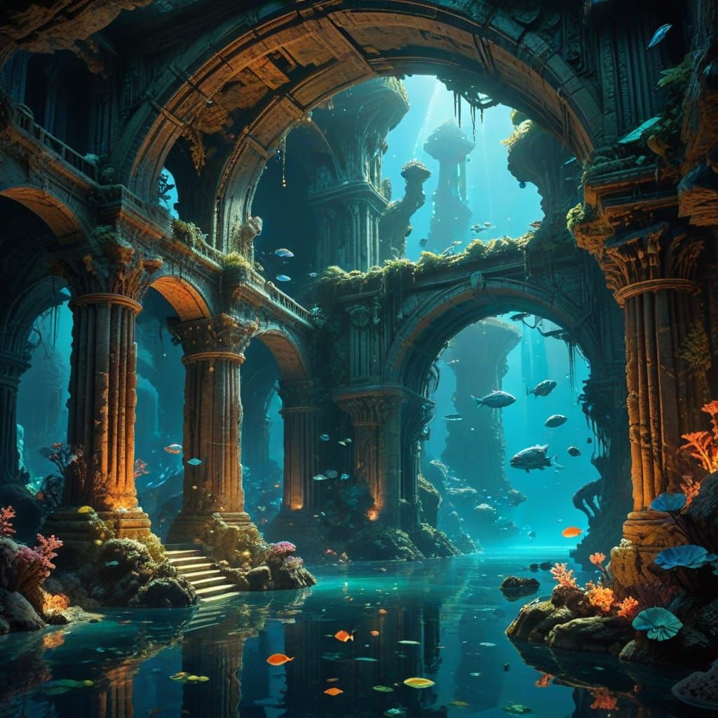 Luminous Coral City With Merfolk In Deep Sea