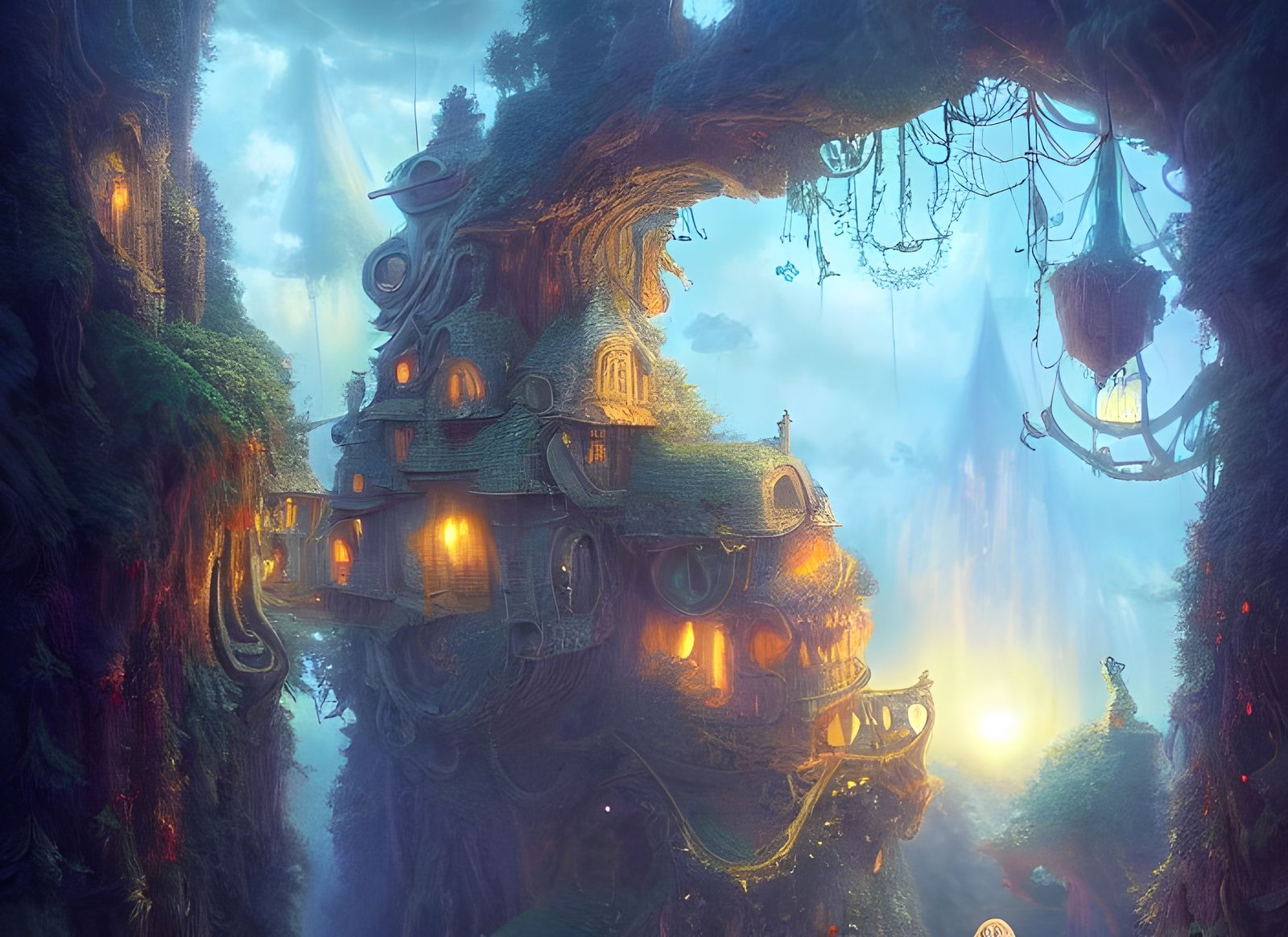 Mystical Fractal Village with Glowing Lights