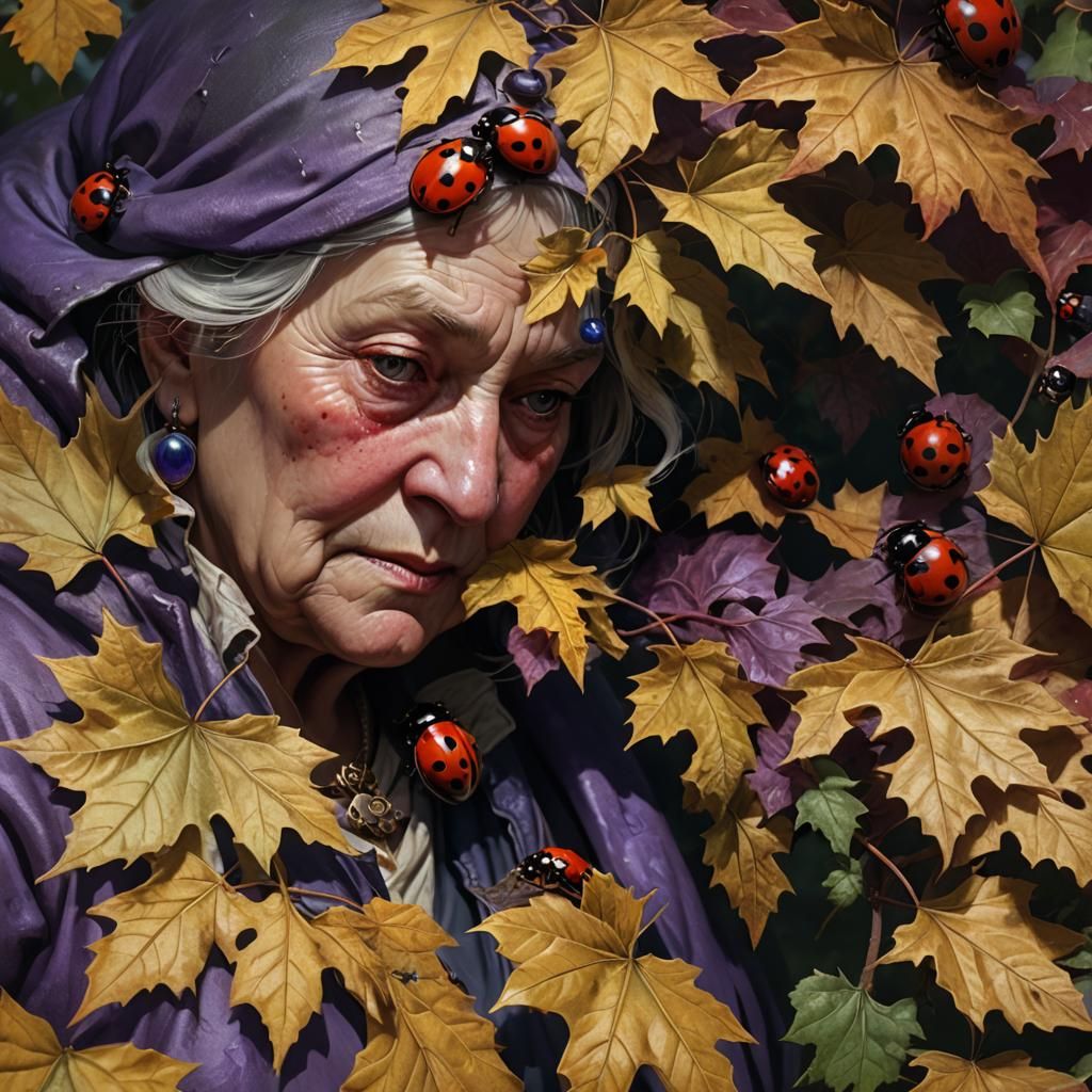 Woman Observes Ladybug: Dark Fantasy Concept Art