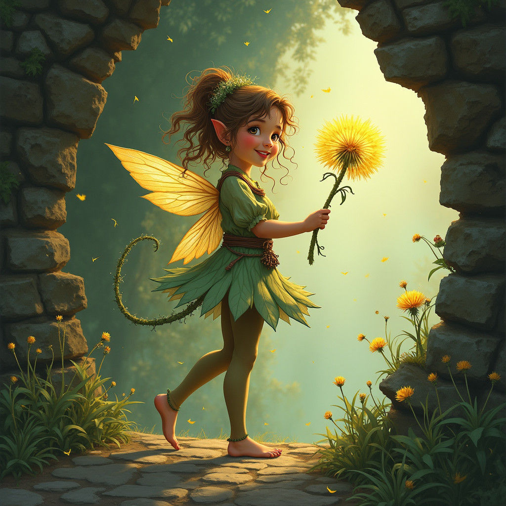 Pixie in Dungeon with Dandelion, Fairy Art