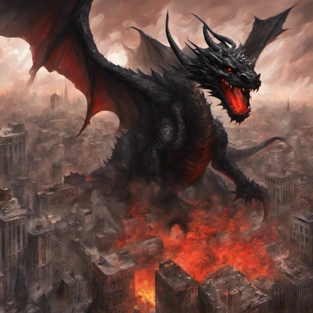 Giant Black Dragon Attacks City in Fantasy Horror Style