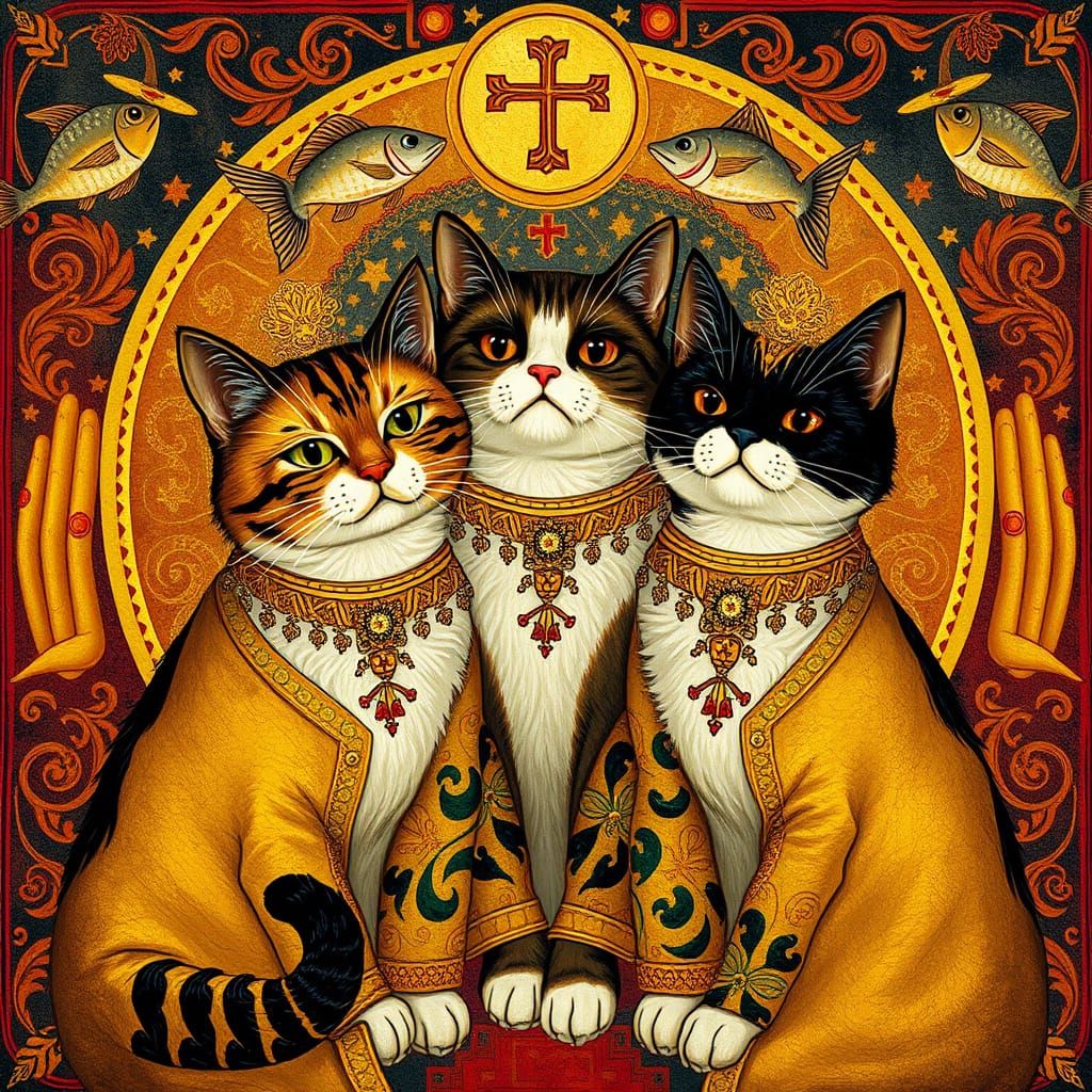 Whimsical Cats in Golden Attire: Art Nouveau Style
