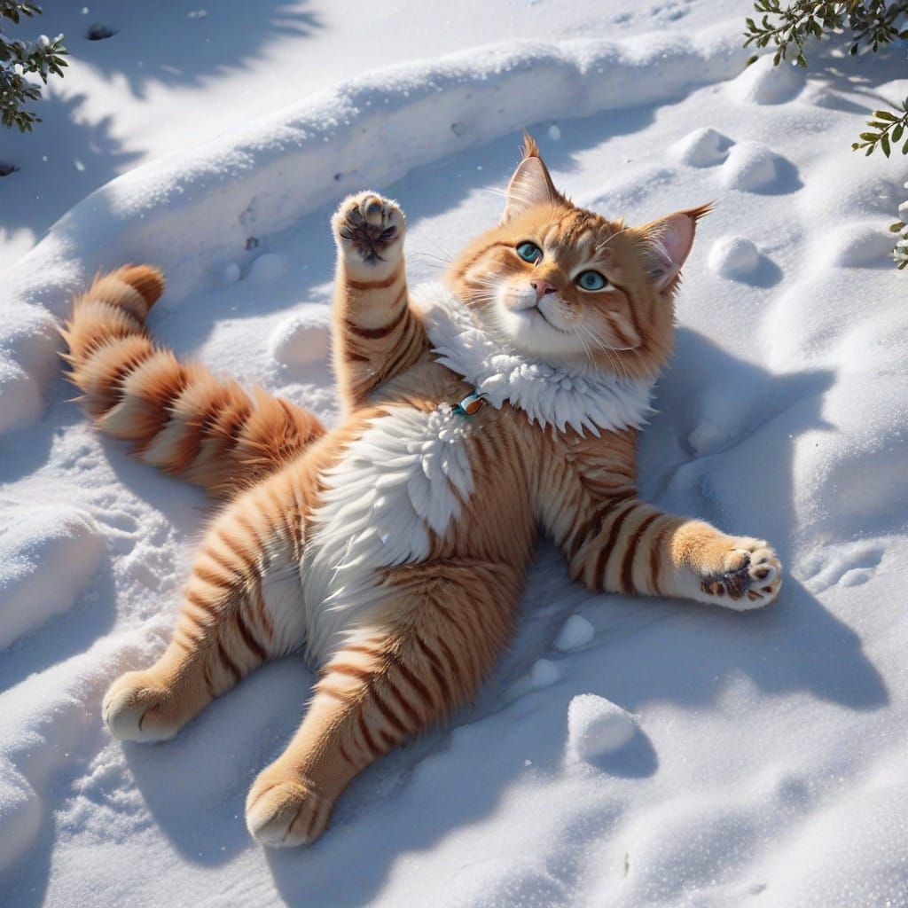 Fluffy Cat Makes a Snow Angel in Winter Wonderland