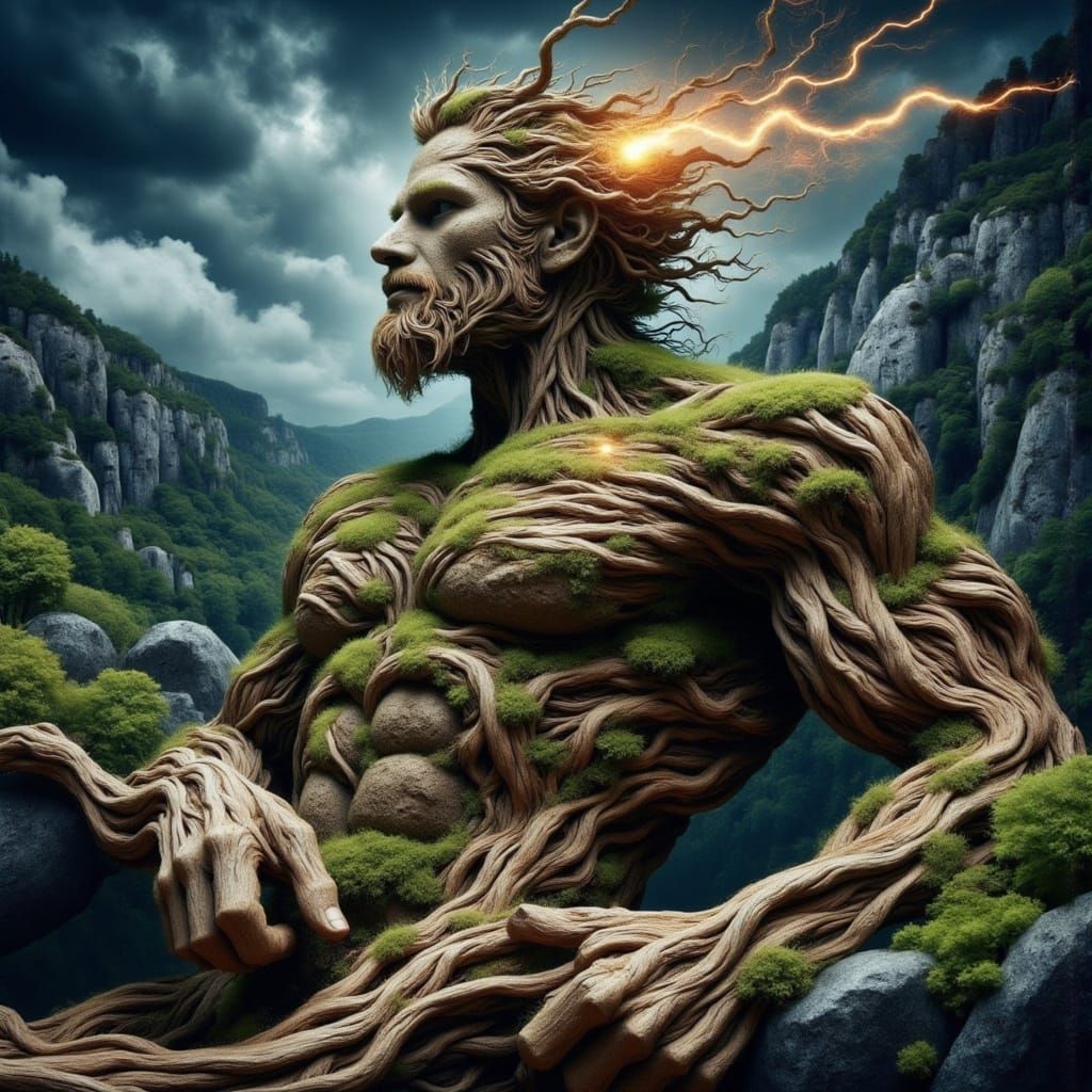 Muscular Earth Figure Landscape with Storms