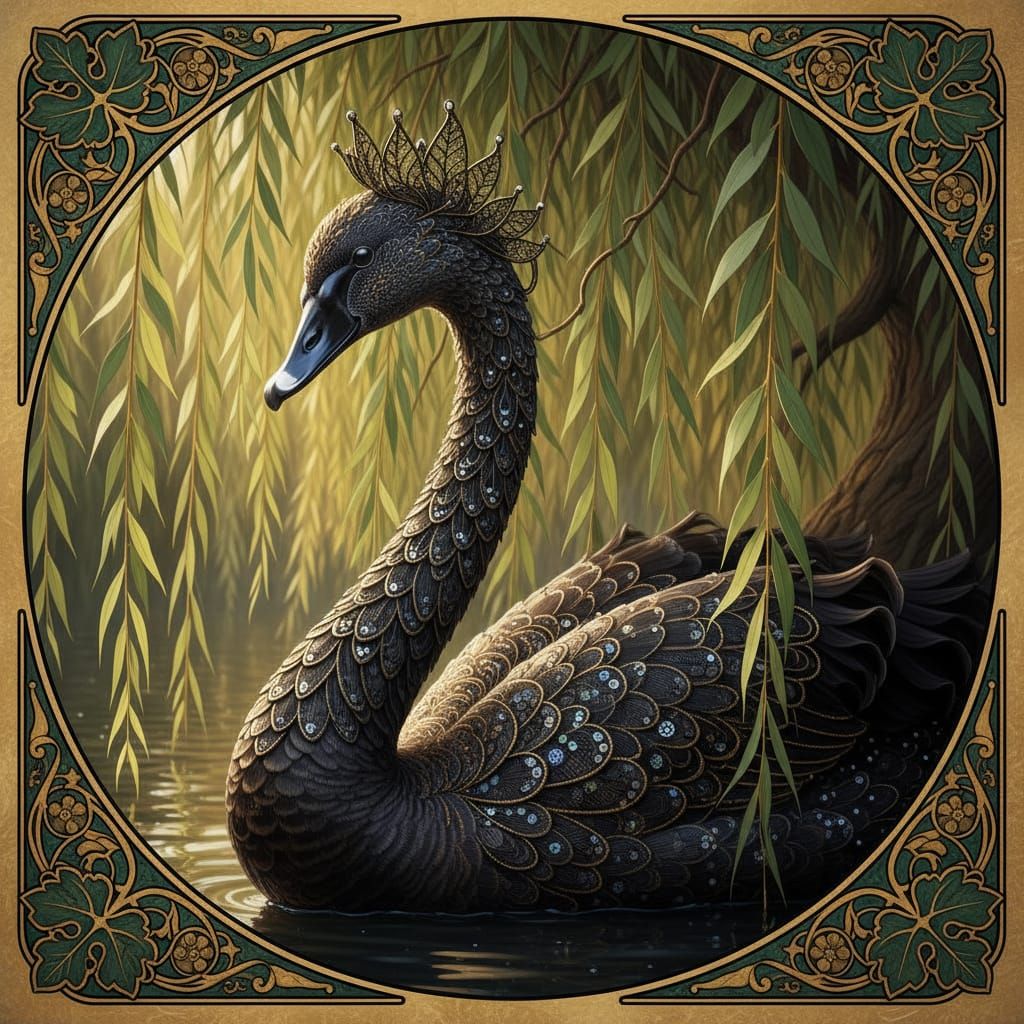 Elegant Black Swan with Lace Feathers in Art Nouveau Style