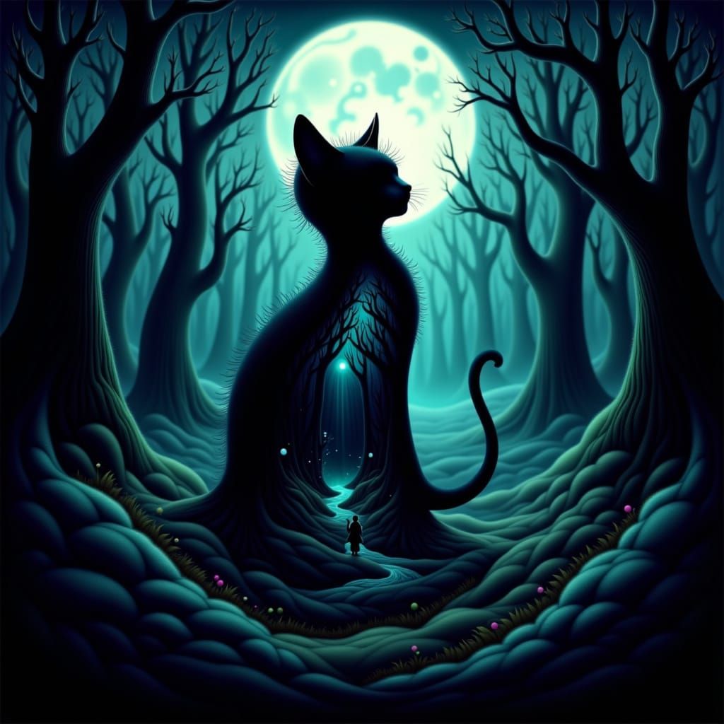 Black Cat Merges with Mystical Forest Under Moonlit Sky